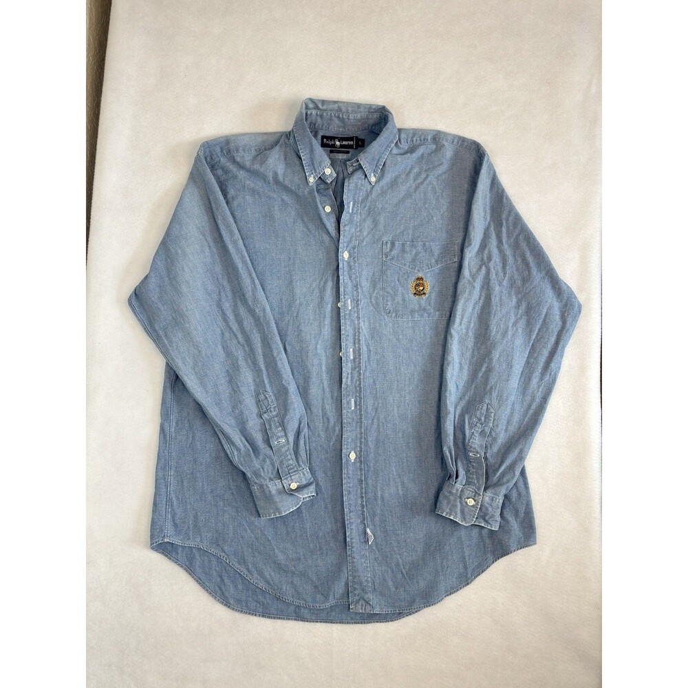 Vintage Polo Ralph Lauren Crest Chambray Shirt Mens Large L Light Blue Denim But